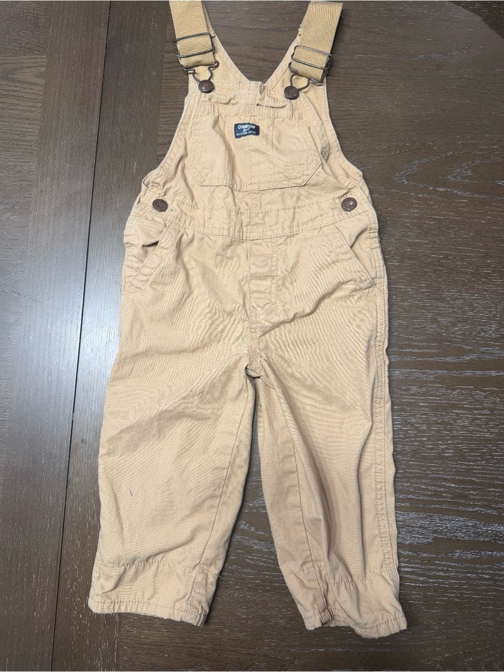OshKosh B’gosh Khaki Tan Overalls Size 2T Adjustable Strap Toddler